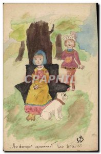 Old Postcard Fancy (drawing hand) Dog Kids In Danger brave we know