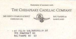 Vintage Billhead - THE CHESAPEAKE CADILLAC COMPANY - Baltimore, Maryland