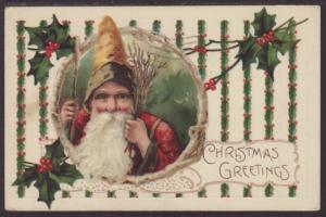 Christmas Greetings,Santa,Holly Postcard 