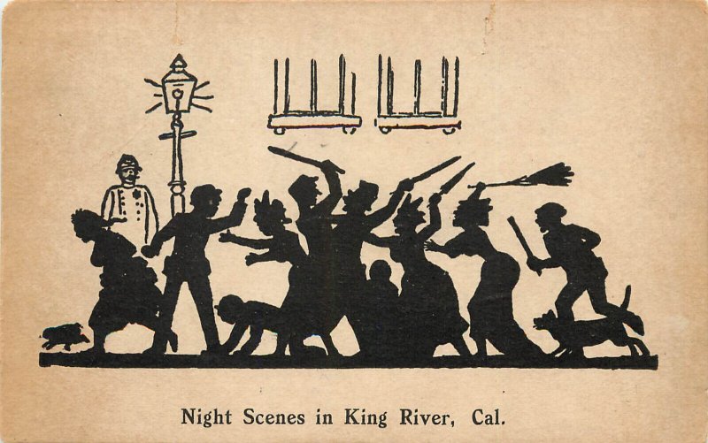 Silhouette Postcard Angry Drunken Mob Night Scene King River Fresno County DPO 3