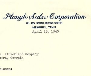 1940 PLOUGH SALES CORPORATION MEMPHIS TENNESSEE STRICKLAND INVOICE BILLHEAD Z815