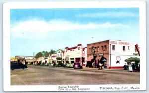 TIJUANA, Mexico ~ Street Scene AVENUE REVOLUTION Hotel c1940s Cars Postcard