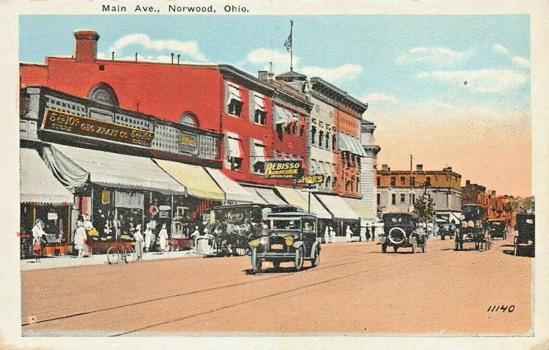 NORWOOD OHIO~MAIN AVENUE-5 & 10 CENT STOREFRONTS-1920s KRAEMER ART POSTCARD