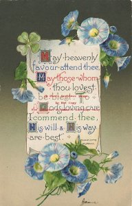 Greetings, Winsch, Blue Flowers, Four Leaf Clovers, Charlotte Murray Poem