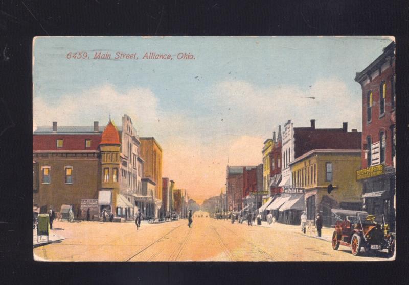 ALLIANCE OHIO DOWNTOWN MAIN STREET SCENE SCHLITZ BEER SIGN VINTAGE POSTCARD