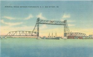 Postcard Kittery Maine Memorial Bridge, Ship, Linen Unused