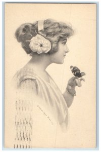 1914 Pretty Woman Curly Hair Flower Headband Butterfly Zanesville OH Postcard