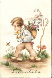 Boy carrying a basket with flowers  Lovely vintage Spanish artist signed PC