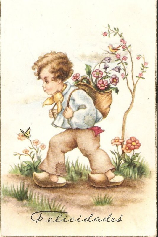 Boy carrying a basket with flowers  Lovely vintage Spanish artist signed PC