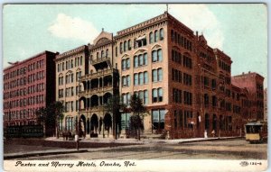 c1900s Omaha, NE Paxton & Murray Hotels Streetcar Downtown Main St Postcard A120