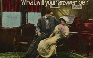 Vintage Postcard 1910's What will your answer be? Man & Woman Together in Love