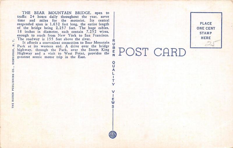 New York~Bear Mountain Bridge & Hudson River~Bear Mountain Park~Info on Back~'30