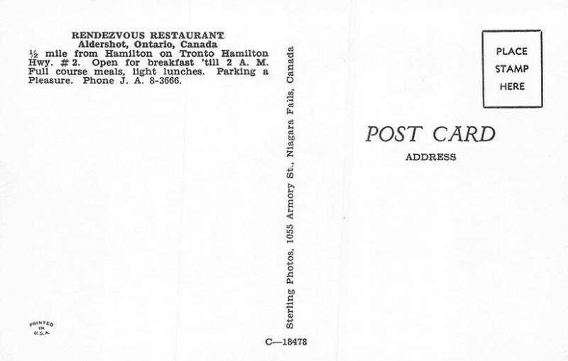 Aldershot Ontario Canada Rendezvous Restaurant Old Cars Postcard