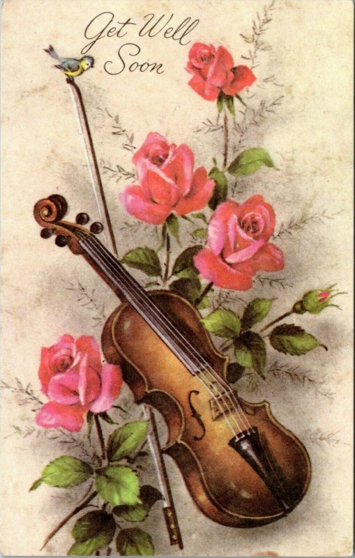 Get Well Soon - Violin with flowers and bird - chrome era postcard