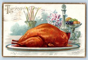 RJ Wealthy Artist Signed Postcard Thanksgiving Fried Turkey Tuck Decatur IL 1908