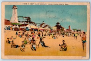 1941 Revere Beach Massachusetts Postcard Scene Derby Racer Bath House Crowd Swim