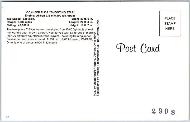 Lockheed T-33A Shooting Star World's Best Known Aircraft Postcard