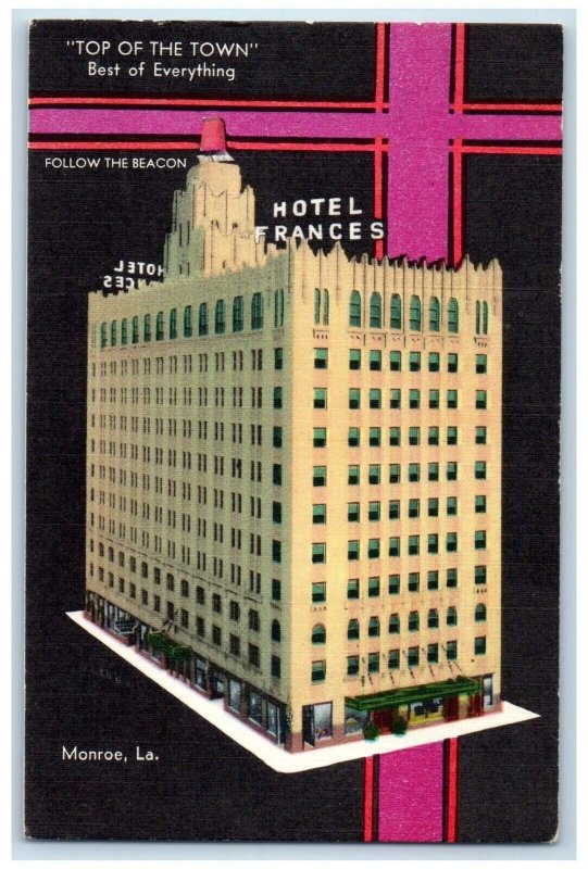 c1940 Top Town Best Everything Hotel Frances Exterior Monroe Louisiana Postcard