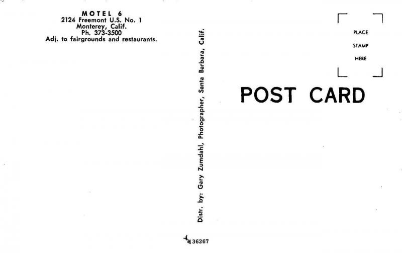 MONTEREY, CA California  MOTEL 6  Pool  ROADSIDE   c1960's Chrome Postcard 