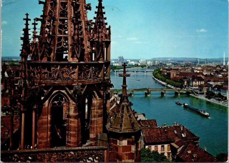 VINTAGE CONTINENTAL SIZE POSTCARD THREE RHEIN BRIDGES AND CATHEDRAL BASEL SWISS