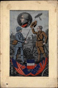British American Unity Flags Soldiers Beautifully Embroidered Silk Postcard