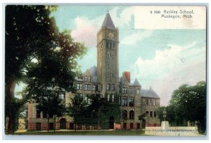 Muskegon Michigan MI Postcard Hackley School Building Springfield IL 1915 Posted