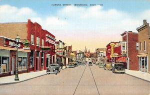 Ironwood Michigan Aurora Street Scene Historic Bldgs Antique Postcard K50954