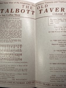 Vintage 50s OLD TALBOTT TAVERN Restaurant Menu BARDSTOWN Kentucky