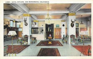 HOTEL ANTLERS Lobby Interior San Bernardino, CA Deer c1930s Vintage Postcard