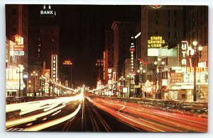 1950s SALT LAKE CITY UTAH MAIN STREET AT NIGHT SAVINGS & LOANS  POSTCARD P3729