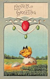 EASTER GREETING-EGGS ON RIBBONS-CHICK OUT OF SHELL~1910s POSTCARD