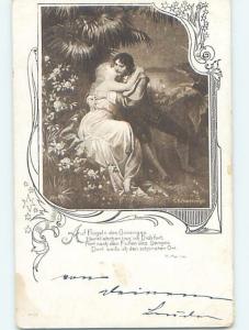 1899 foreign signed ROMANTIC COUPLE KISSING BY THE WATER HL7599