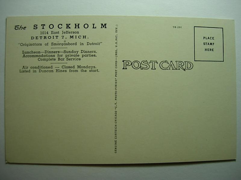 pre-linen Unused STOCKHOLM RESTAURANT Detroit Michigan MI Postcard y9300