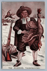 PILGRIM'S THANKSGIVING ANTIQUE BOSTON COFFEE ADVERTISING POSTCARD ARTIST SIGNED