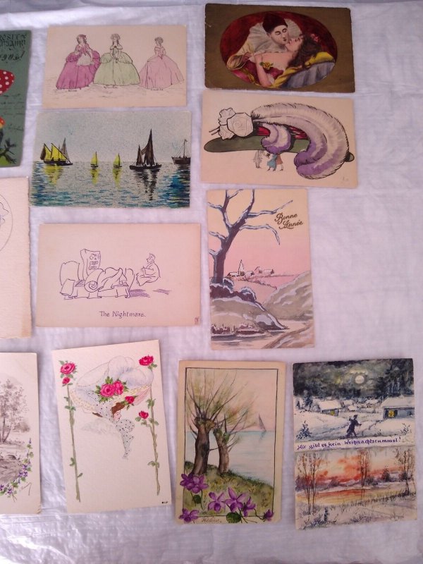 Lot of 18 Hand Made Drawn Painted Colored Bird Dog Women Vintage Postcards LHD3