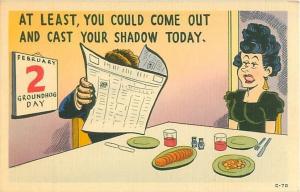 Groundhog Day Man w/Newspaper, Wife  Cast Your Shadow Today Postcard