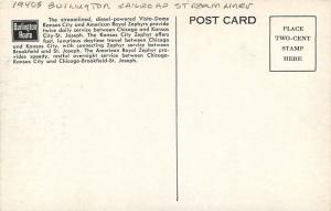 Burlington Railroad Streamliner Chicago Kansas St Joseph 1940s Postcard 12021