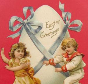 Victorian Children Play Huge Easter Egg EMB Postcard
