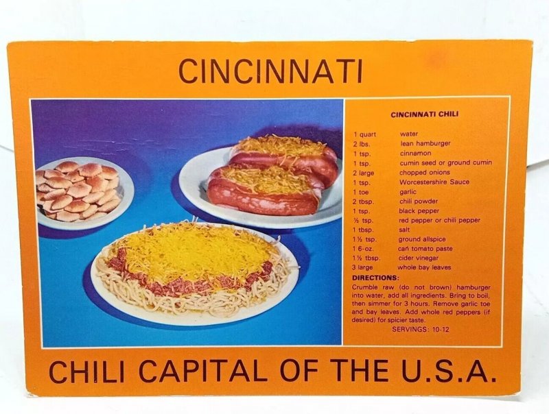 Cincinnati Chili  Vintage Cooking Recipe Postcard New Unused USA Chilli Capitsl