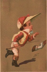 1880s-90s Young Boy Dressed as a Horse Jockey Gold Background Trade Card