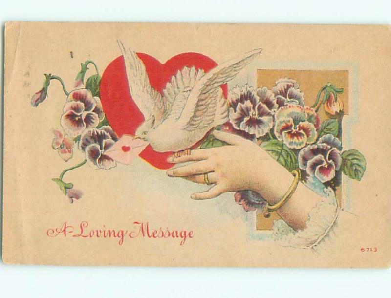 Pre-Linen Valentine WHITE DOVE BIRD PERCHED ON FINGER AB3140