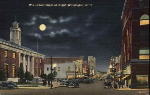 Wilmington North Carolina Front Street at Night Linen Vintage Postcard