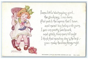 c1910's Little Girl Stitching Rocking Chair Mothers Little Helpers Postcard