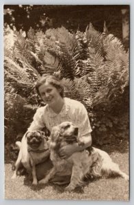 Woman with Pug Dog And Cocker Spaniel On Lawn 1939 Photo Ostern Postcard S27