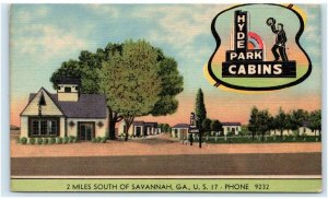 SAVANNAH, GA Georgia ~ Roadside HYDE PARK CABINS 1948 Linen  Postcard