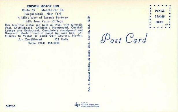 NY, Poughkeepsie, New York, Edison Motor Lodge, Room, Dexter Press No. 34259-C