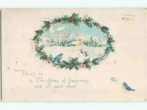 Pre-Linen LITTLE BLUE BIRDS AND CHRISTMAS WREATH k1763