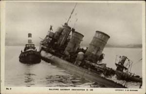 WWI Battleship Tug Boat Sinking German Ship c1915 Real Photo Postcard