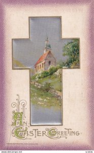 EASTER, PU-1917; Greeting, Embossed Silver Cross, Country Church