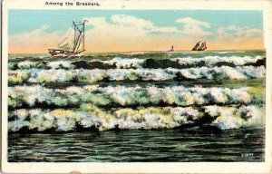 Among The Breakers Sail Boat Ocean Wave USA Vintage Divided Back Postcard Vtg 